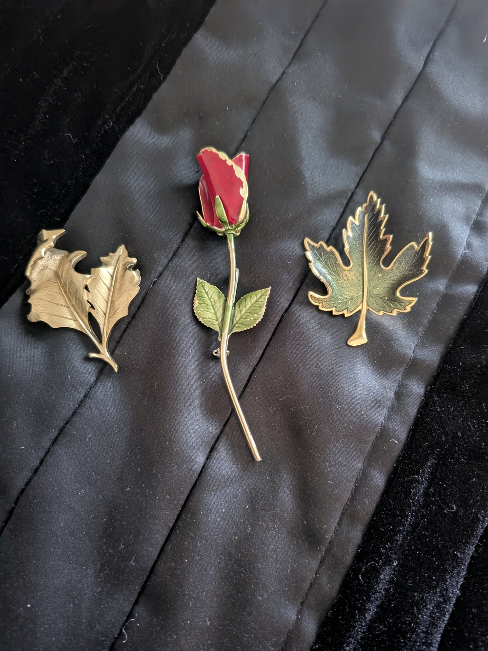 Vintage Autumn Brooch Trio - Red, Green, Gold